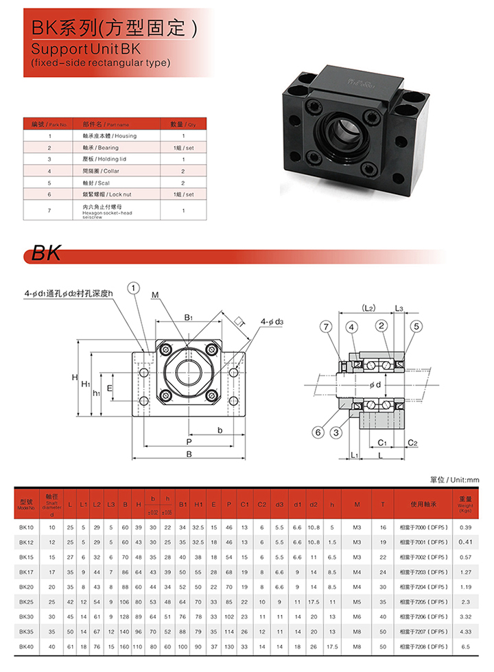 滚珠丝杆支撑座BK系列方型