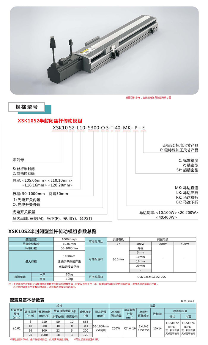 XSK半封闭丝杆传动模组选型图