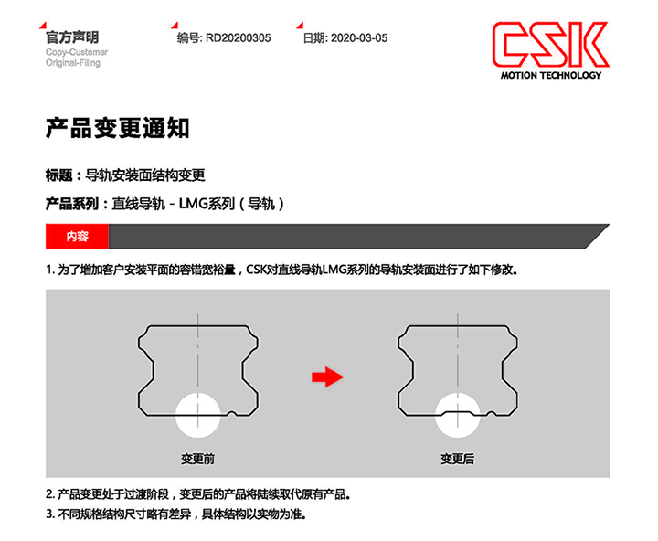 关于CSK直线导轨变更说明通知